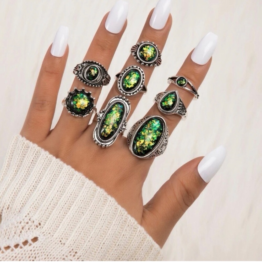 8 piece Green Marbled Stone Ring Set